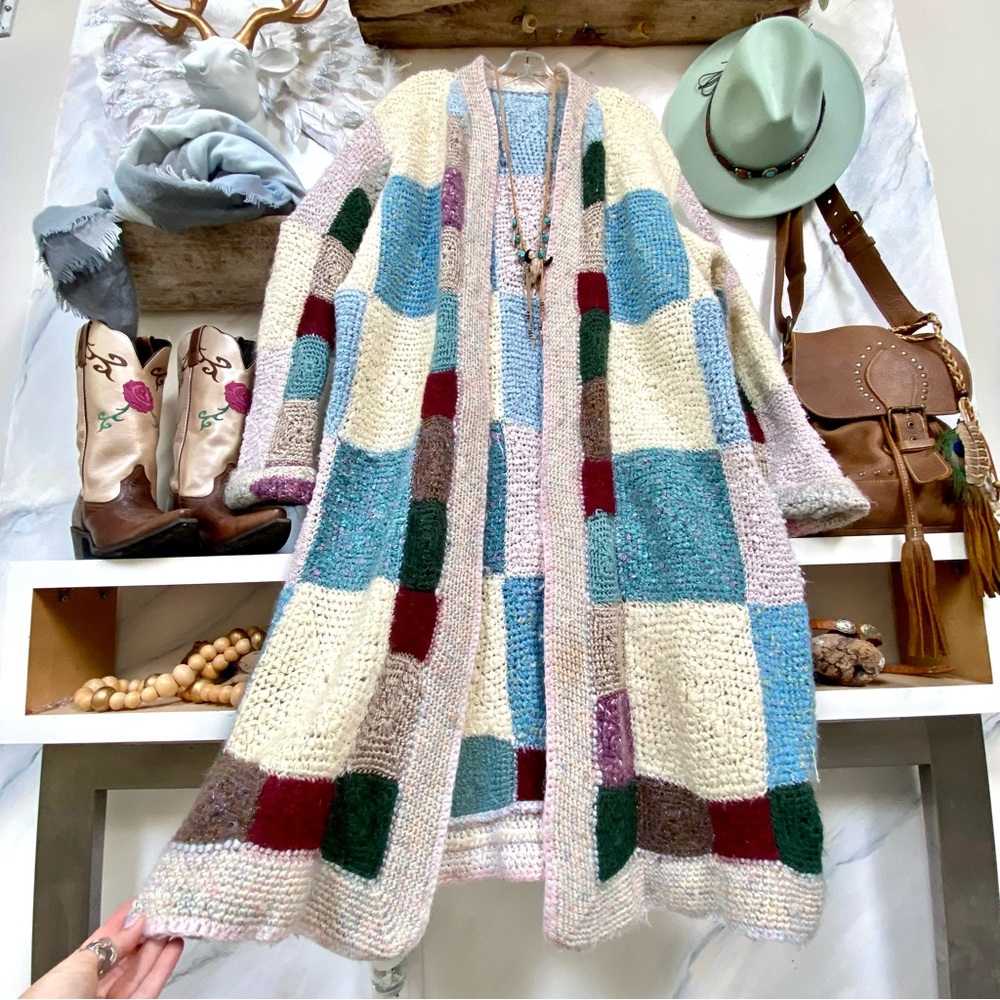 SOLD⭐️Artisan Patchwork Duster boho wool jacket sweater hippy granny vibe - Picture 11 of 16